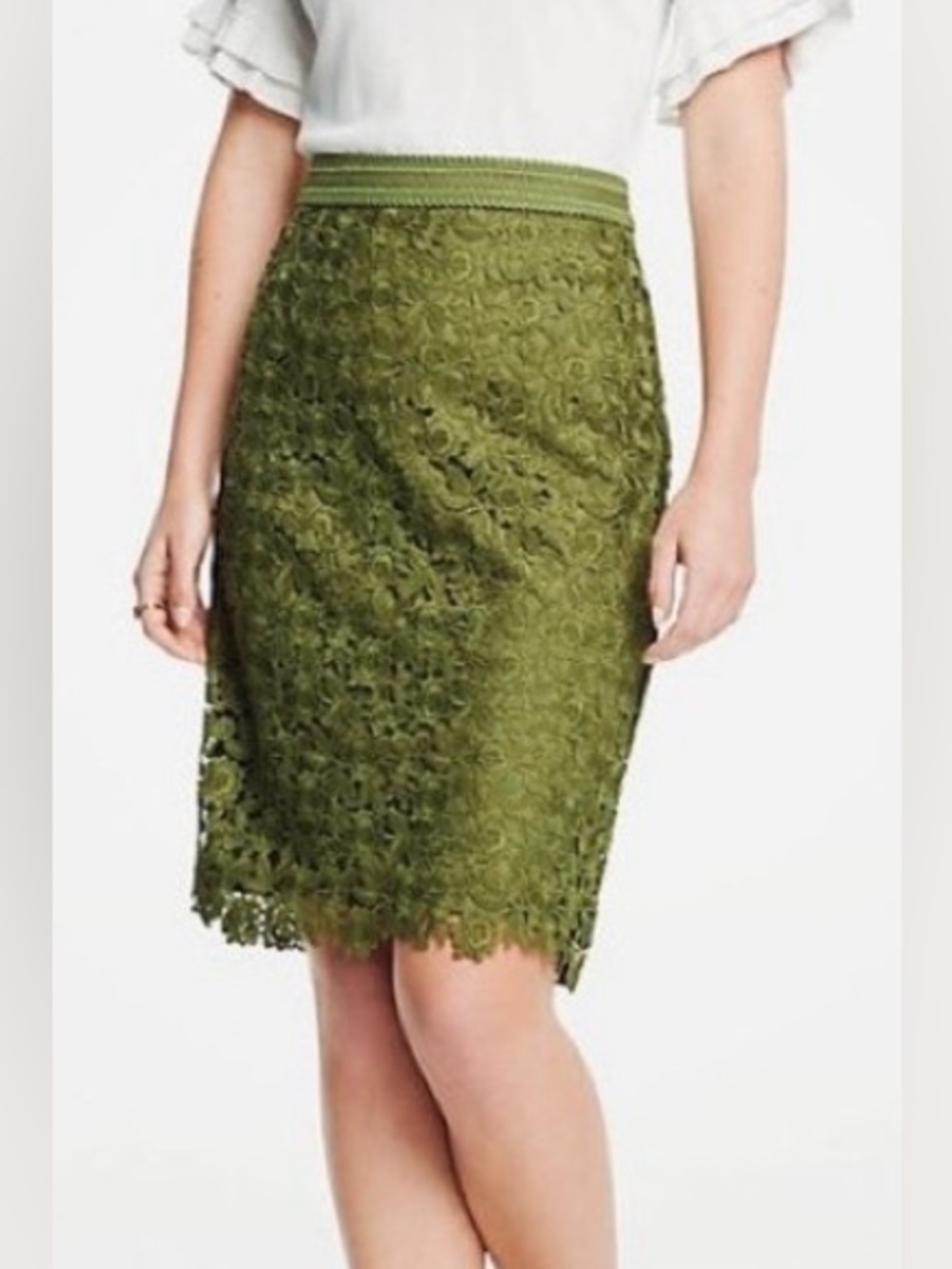 Ann Taylor Lace / Crochet Pencil Skirt. Floral. Midi. Zipper. Green XS-S NWT